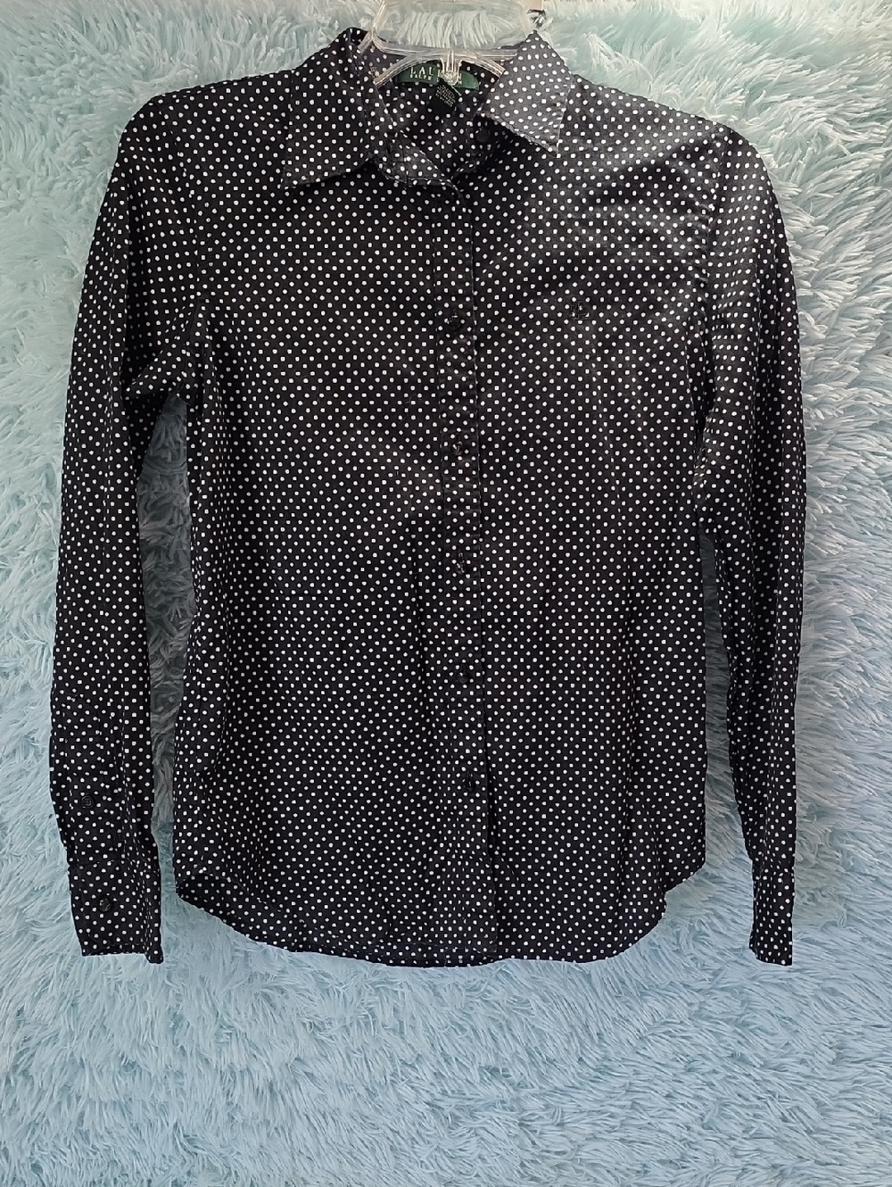 Ralph Lauren Black Long Sleeve Blouse White Polka Dot Print Button Front XS